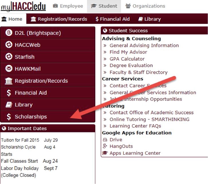 myHACC screen shot for scholarship help